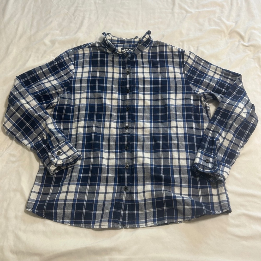 Lands End Womens Blue White Plaid Ruffle Collar Flannel Shirt Petite Medium